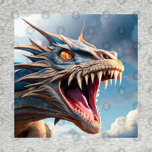 Fierce Blue and White Spikey Dragon Roaring by dragynrain